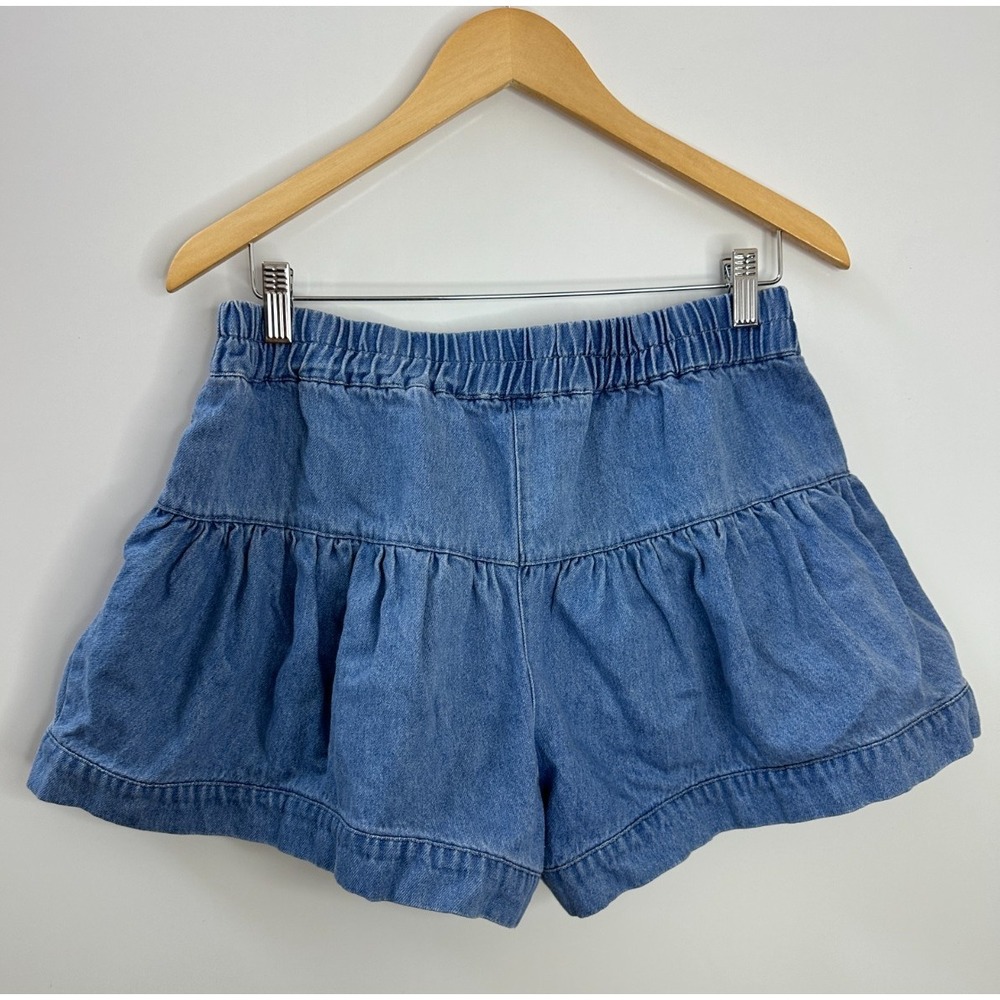 Bohme Blue Denim Tiered Ruffle Shorts Medium Wash Button Front High Rise Size M - Picture 9 of 13